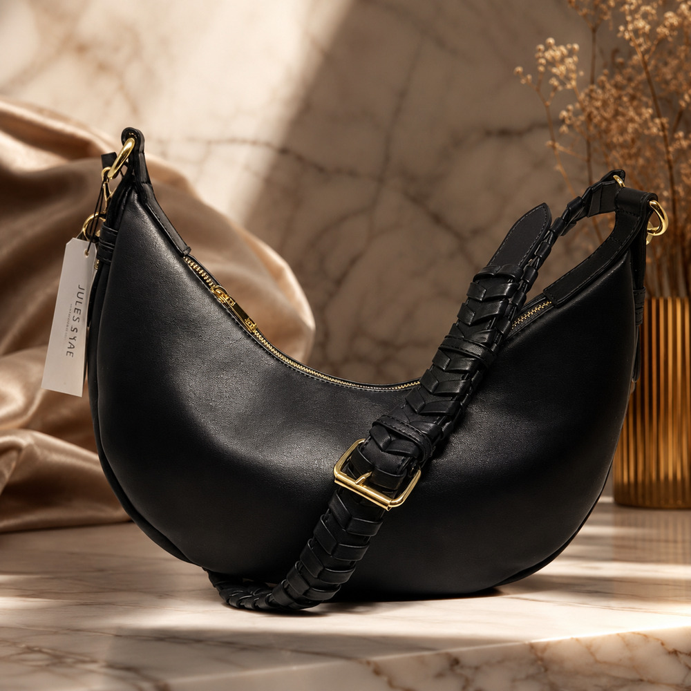NWT Jules Kae Zola Black Vegan Leather Crescent Hobo Shoulder Bag Braided Strap